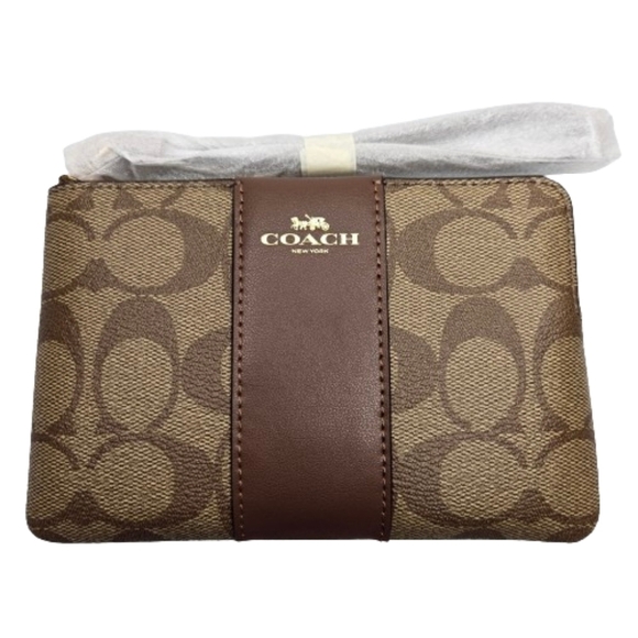Coach Corner Zip Leather Wristlet Signature Canvas Gold Zipper Khaki Saddle 2 - Picture 1 of 7